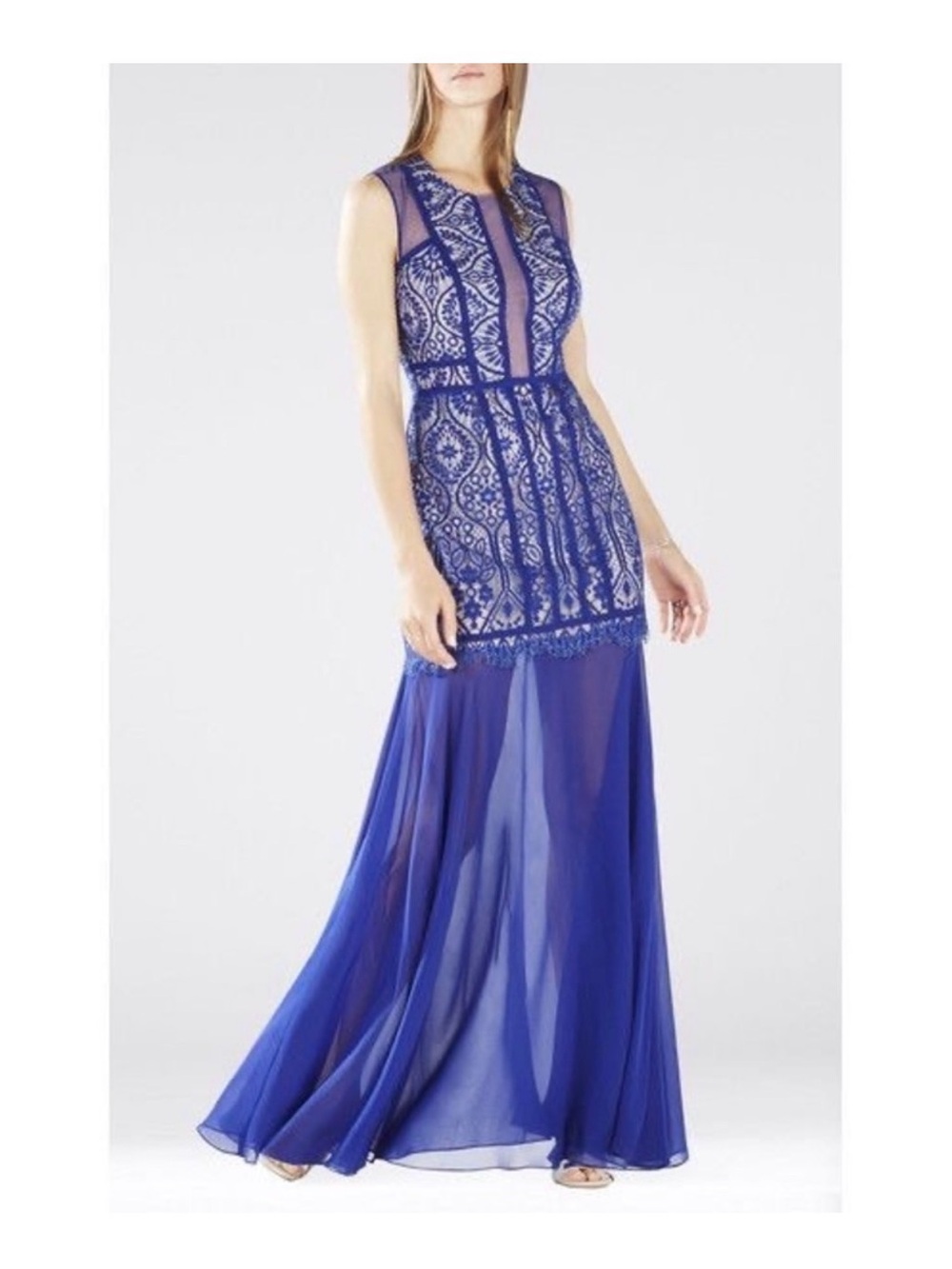 BCBGMaxAzria Royal Blue Lace & Chiffon Maxi Dress
